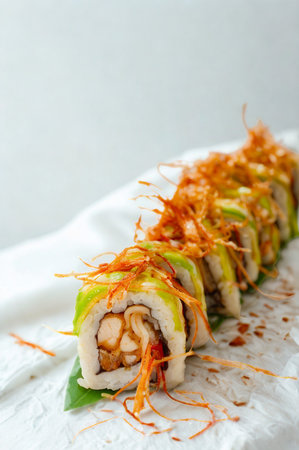 A close-up shot of a delectable sushi roll, artfully arranged and generously topped with crunchy fried onions and a drizzle of sauce.の写真素材
