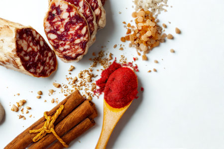 A top-down view of cured meats, cinnamon sticks, tomato paste, and various spices on a white surface.の写真素材