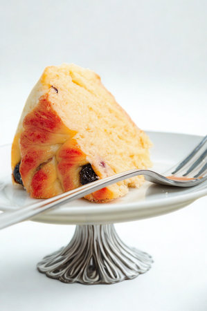A single slice of layered cake, adorned with colorful fruit pieces, rests on a silver cake stand with a fork beside it.の写真素材