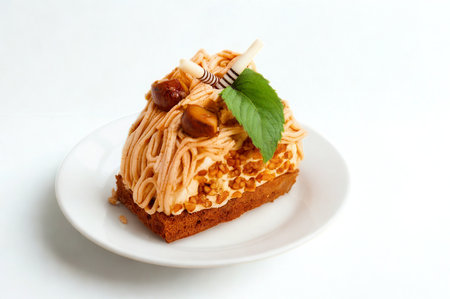 A delicious waffle creation with rich nut butter, crunchy toppings, and a refreshing mint leaf, presented on a white plate.の写真素材