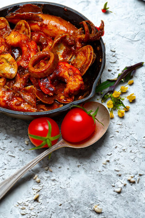 A rustic skillet dish filled with vegetables and herbs, presented with fresh cherry tomatoes on a spoon.の写真素材