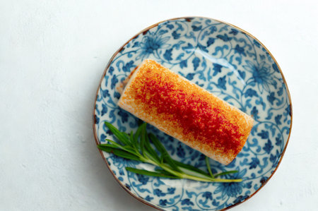 A single piece of food, likely a canapé or appetizer, topped with vibrant red spices and garnished with fresh green herbs, presented on a blue and white patterned dish.の写真素材