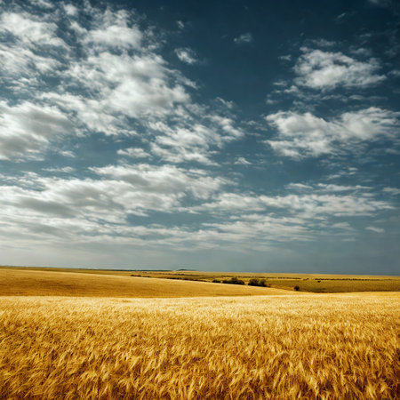 Vast golden wheat field stretches to the horizon under a dynamic sky filled with dramatic clouds and sunlight.の写真素材