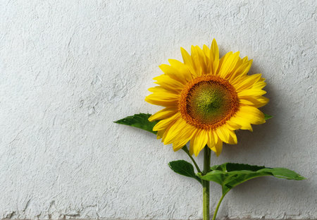 A single, vibrant yellow sunflower with green leaves stands against a rough, textured wall, creating a simple and elegant composition.の写真素材