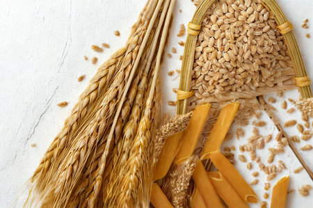 Golden wheat stalks and loose grains are artfully arranged on a textured white background, showcasing the harvest.の写真素材