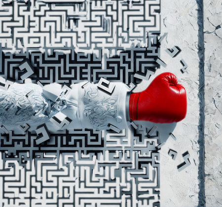 A red boxing glove punches through a complex maze pattern, representing breaking through obstacles...