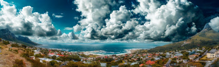 An imaginative, dreamlike vista featuring towering, ethereal clouds that seem to pour into a vibrant, bustling coastal town nestled by the sea.の写真素材
