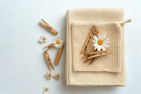 A flat lay of a spa gift set featuring a textured cloth, dried chamomile flowers, and natural botanical elements on a white background.の写真素材