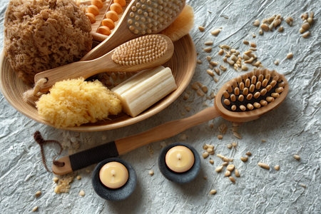 A collection of natural bath and spa items including sponges, brushes, soaps, and bath bombs arranged on a textured surface.の写真素材