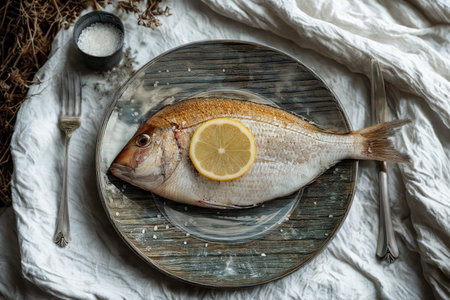 A whole roasted fish, garnished with a lemon slice, is presented on a textured plate with cutlery and a small dish of sauce.の写真素材