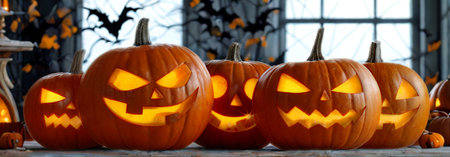 A collection of carved pumpkins with illuminated faces and a backdrop of bat silhouettes create a festive Halloween scene.の写真素材