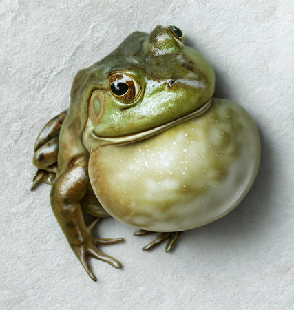 A detailed illustration of a large green frog, its throat inflated, showcasing its vocal sac. The frog is depicted from the side.の写真素材