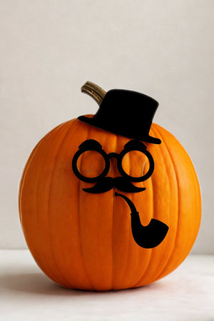 A round orange pumpkin is decorated with a black top hat, round glasses, and a pipe, creating a charming character.の写真素材