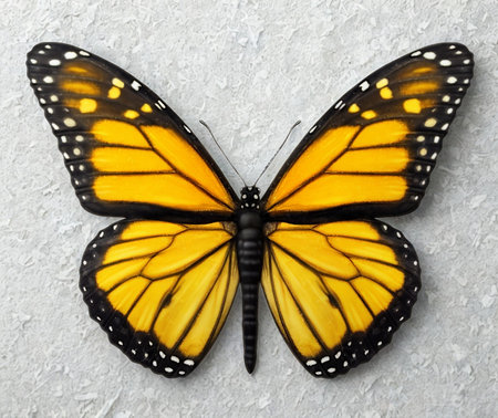 A detailed close-up of a monarch butterfly with bright orange and black wings, showcasing its delicate veins and black-spotted white edges.の写真素材