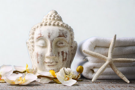 A tranquil arrangement featuring a Buddha head, rolled towels, delicate flower petals, and a starfish, evoking a sense of peace and relaxation.の写真素材