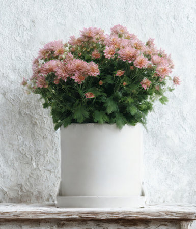 A pot of delicate pink chrysanthemums sits on a rustic wooden shelf against a textured, light-colored background.の写真素材