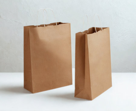 Two simple, empty brown paper bags are positioned on a white surface against a light gray background.の写真素材