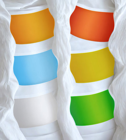 A close-up, overhead view of two stacks of baby diapers, each with a different colored band on top, against a white background.の写真素材