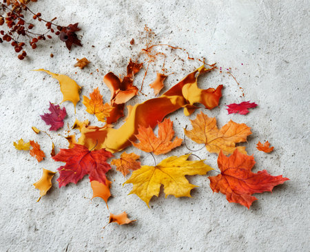 A collection of colorful fallen autumn leaves in shades of red, orange, and yellow are artfully...