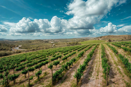 Rolling hills covered in neat rows of vineyard plants stretch towards the horizon under a vibrant blue sky with large, fluffy clouds.の写真素材