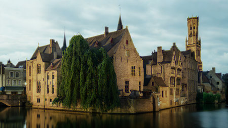A picturesque view of ancient Flemish architecture reflected in a calm canal, with a prominent Belfry tower reaching towards the sky.の写真素材