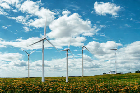 A field of wind turbines stands tall against a dramatic sky filled with white clouds and blue...