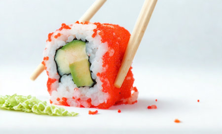 A close-up shot of a sushi roll being held by chopsticks, showcasing its vibrant ingredients and delicate texture.の写真素材