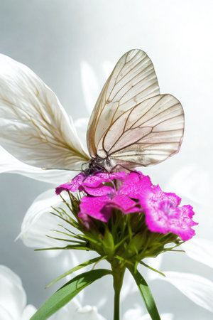 A translucent white butterfly with intricate vein patterns rests gently on a bright pink, multi-petaled flower, showcasing nature's delicate beauty.の写真素材