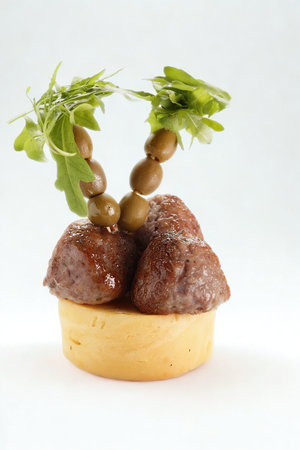 A small, savory tart topped with ingredients artfully arranged to resemble a tropical palm tree with green foliage.の写真素材