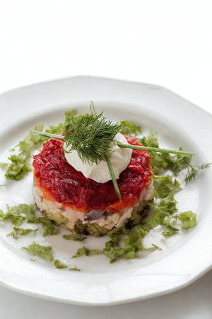 A beautifully plated appetizer featuring distinct layers, topped with a bright red ingredient and a generous sprinkle of fresh green herbs.の写真素材