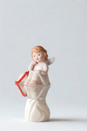 A delicate porcelain angel figurine with blonde hair, wearing a white dress and holding a red and white ribbon against a plain background.の写真素材
