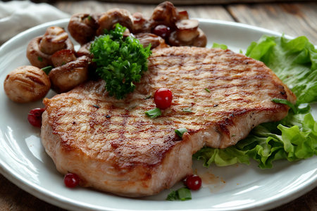 A close-up shot of perfectly grilled pork chops served with sautÃ©ed mushrooms and a sprig of broccoli on a white plate.の写真素材