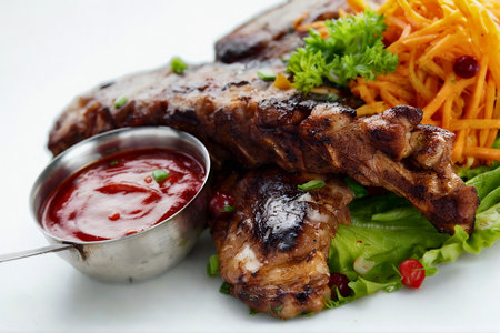 Close-up of delicious grilled ribs, a side of shredded carrots and lettuce, and a small metal dish of creamy sauce with berry swirl.の写真素材