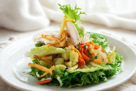 A close-up of a healthy chicken salad featuring shredded chicken, crisp lettuce, and other fresh vegetables.の写真素材