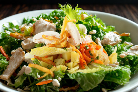 A vibrant and filling salad featuring tender chicken, crisp lettuce, shredded carrots, and a creamy dressing.の写真素材