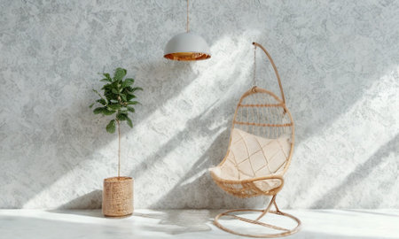 A bright, airy corner featuring a small plant in a cork vase and a hanging chair.の写真素材