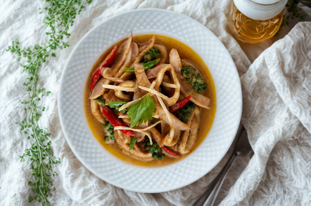 A top-down view of a delicious bowl of noodle soup, garnished with fresh herbs and colorful vegetables, ready to be served.の写真素材