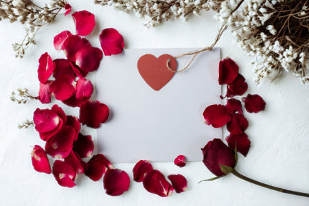 A blank card adorned with vibrant red rose petals and a small heart, surrounded by delicate white flowers, evoking romance and love.の写真素材