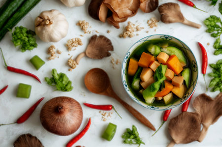 A top-down view of a vibrant bowl of stew surrounded by fresh vegetables, herbs, spices, and cooking...