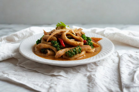 A vibrant plate of Thai red curry featuring tender seafood and fresh green vegetables in a rich, creamy sauce.の写真素材