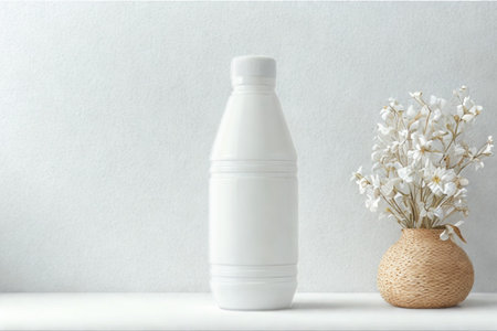 A clean, minimalist composition featuring a tall white bottle and a small vase of dried white flowers on a white shelf.の写真素材