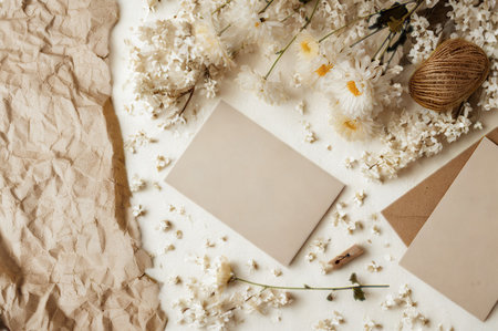 A rustic flat lay arrangement featuring dried flowers, lace fabric, and blank stationery cards on a textured background.の写真素材
