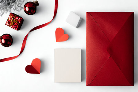 A collection of red gift wrapping items including ribbon, ornaments, hearts, and a wrapped present, arranged on a white surface.の写真素材
