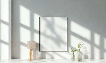 A clean, minimalist interior with a blank framed picture on the wall, illuminated by dramatic sunlight casting shadows.の写真素材