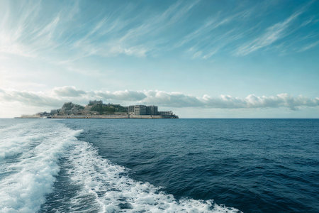 A boat's wake trails across a deep blue sea towards a distant island topped with ancient stone buildings under a cloudy sky.の写真素材