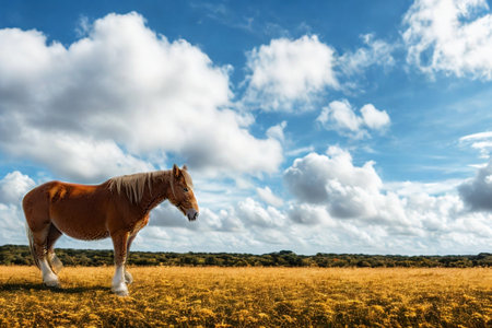 A solitary brown horse with a light mane stands in a dry, golden field with a dramatic sky filled with white clouds.の写真素材