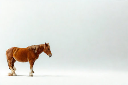 A full-body shot of a chestnut horse with a flowing mane and tail, standing in a minimalist studio setting with soft lighting.の写真素材