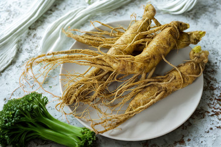 A close-up overhead shot of several fresh ginseng roots arranged on a white plate, with a bunch of vibrant green broccoli to the side.の写真素材