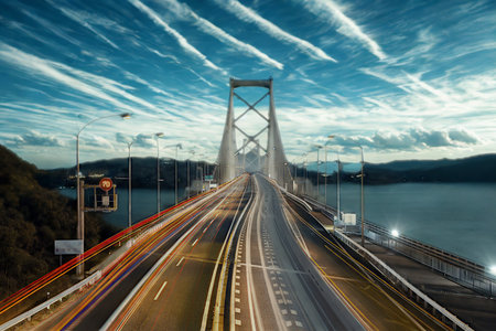 A dramatic long exposure captures the motion of vehicles on a suspension bridge at twilight, with streaking lights against a cloudy sky.の写真素材