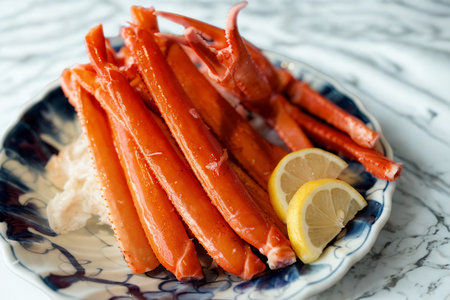 A close-up overhead view of bright red, steamed snow crab legs arranged on a plate with lemon slices and a bed of shredded daikon radish.の写真素材